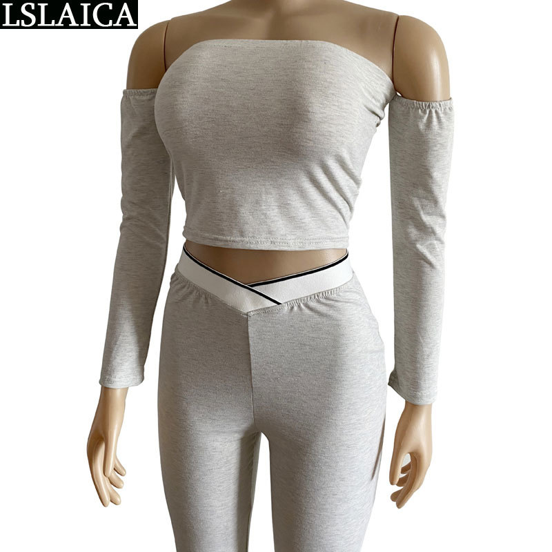 Outfits for Women 2 Piece Set Skinny Strapless Long Sleeve Crop Top Pencil Pants Sets Sportswear Solid Plus Size Gym Sweat Suits 210520