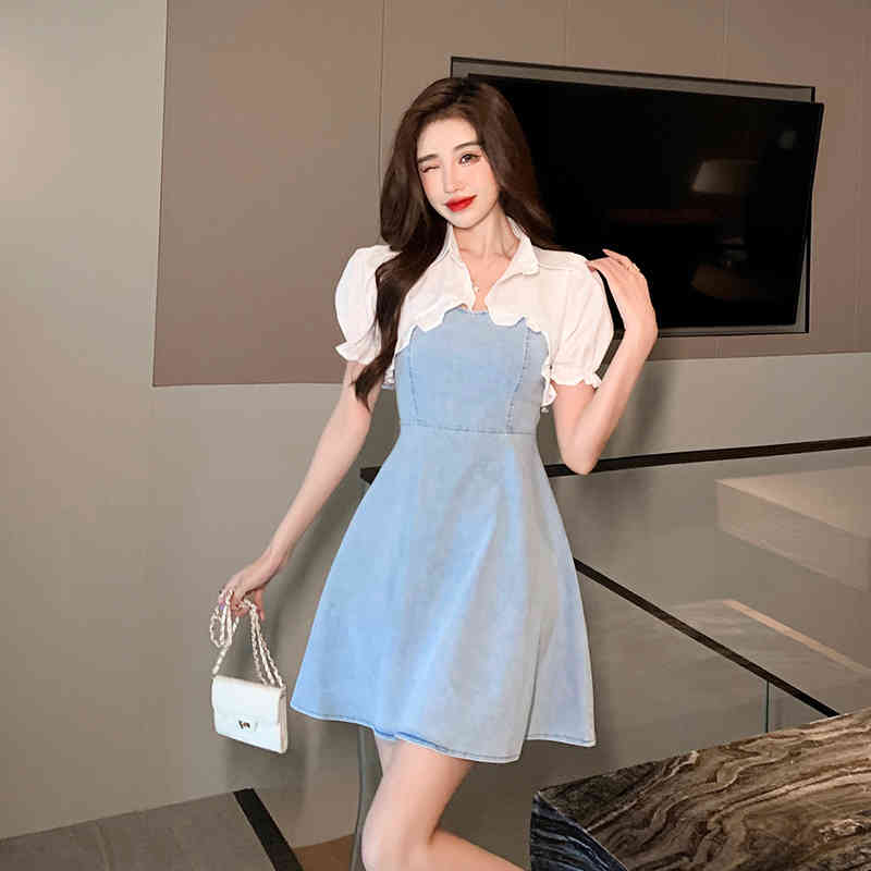 Summer 2-Piece Set Fashion Short Ruffles Blouse And Suspenders Denim A-Line Dress Women Female Suit 210519