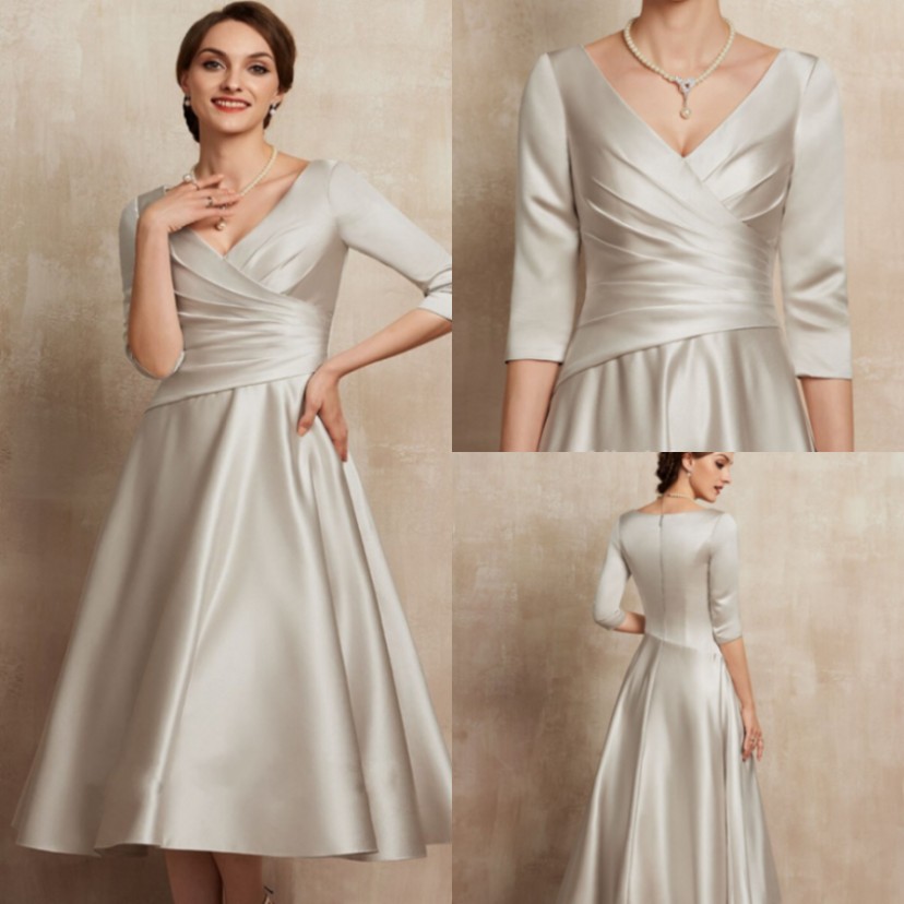 Elegant Champagne V-neck Tea-Length Pleats Mother of the Bride Dress Ruffles Satin Bridal Party Gown Customed Plus Size Vestidos