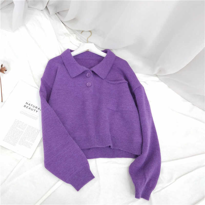 EBAIHUI Autumn Polo Pullover Sweater Women Loose Turn Down Collar Outerwear Soft Solid Short Knit Sweaters Top 211011Z