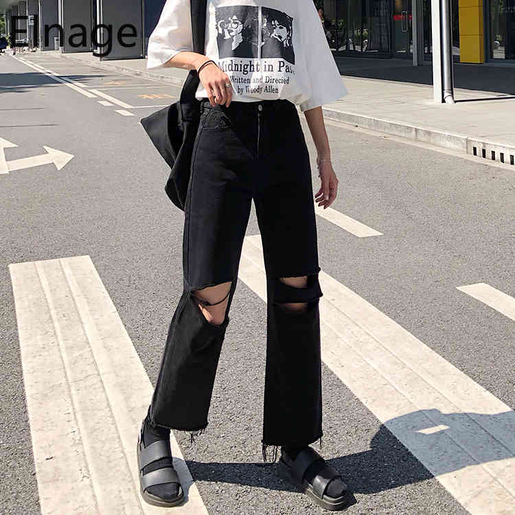Pantalon Black Hole Jeans Women Straight Loose Korean High Waist Denim Pants Slim Wide Leg Trousers Ripped 5B137 210429