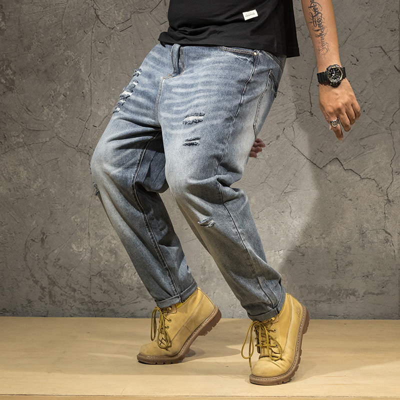 Ripped Jeans Men Plus Size Vintage Pant Holes Denim Trouser Male Fashion Distressed Blue Baggy Loose Men's Jeans Large Size 210518