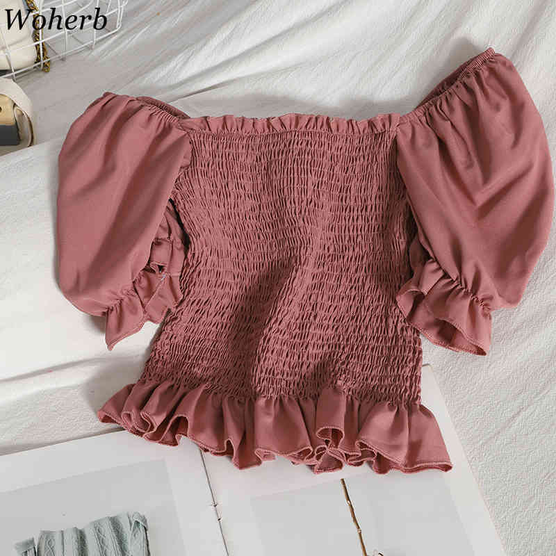 Crop Tops Mujer Ruffles Slash Neck Sexy Blouses Women Cross Lace Up Pleated Shirt Summer Korean Sweet Blusas Female 95439 210519
