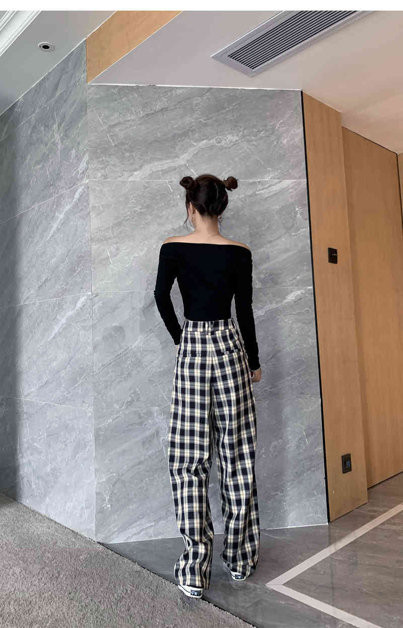 Vintage Elegant Plaid Women Casual Long Pants Street Korean Fashion High Waist Straight Wide Leg Pant 210519