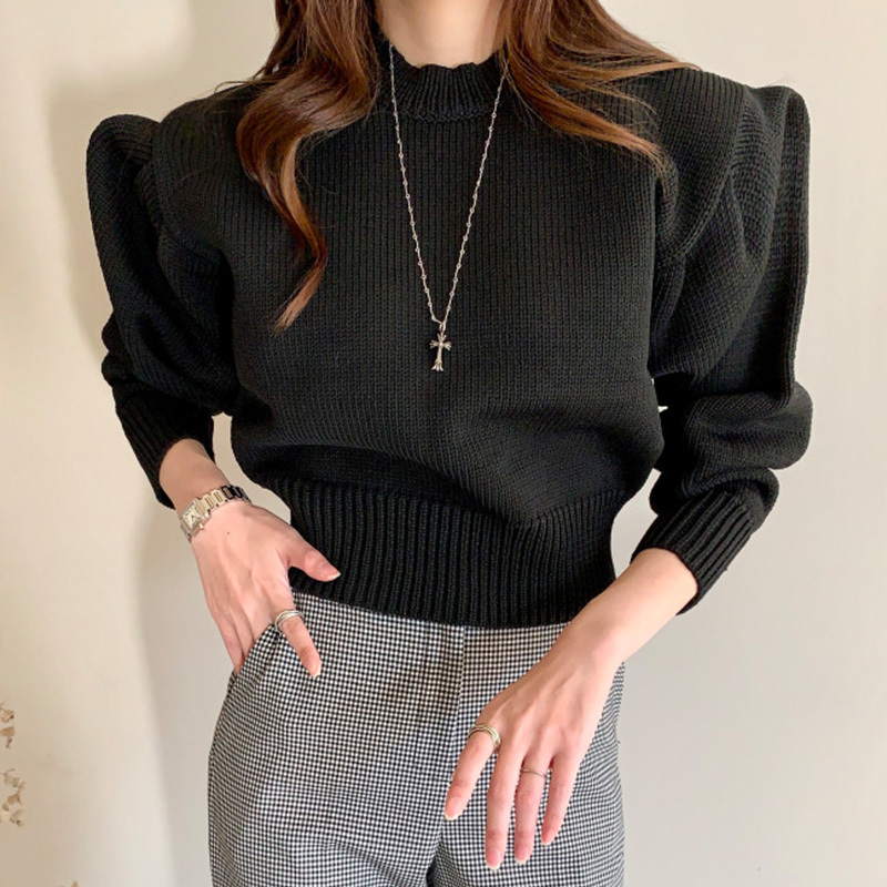 Candy Color Autumn Solid Pullovers Puff Sleeve Winter Korean Short Mujer Sueteres Elegant Sweaters Women 18480 210415