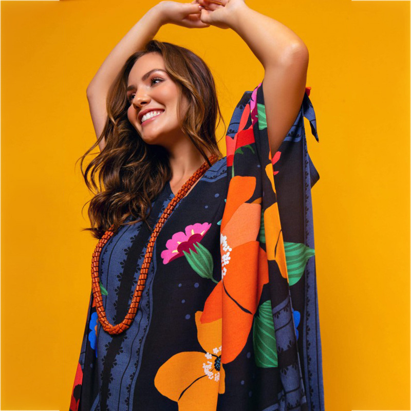 Women Dress Batwing Sleeve Plus Size Print Flowers Bohemian Beach es Summer Clothes Fashion 210524