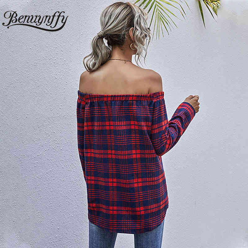 Button Front Plaid Off Shoulder Top Women Autumn Slash neck Long Sleeve Tops Loose Casual Streetwear Ladies Blouses 210510