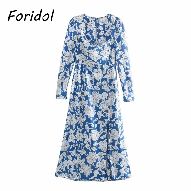 Foridol Floral Print Boho Spring Autumn Dress Women Long Sleeve Maxi Dress Vintage Blue Slit Long Beach Holiday Dress 210415