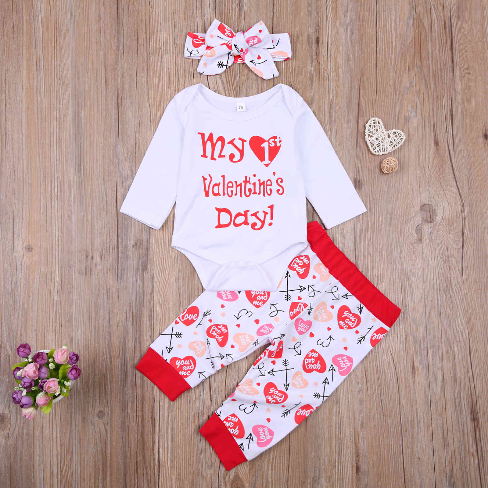 0-18M My 1st Valentines Day born Baby Girl Clothes Set Summer Cute Infant Letter Romper + Pants Headband Outfits 210515
