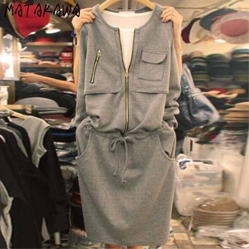 MATAKAWA Long-sleeved O-Neck Sweatshirt Woman Dress Korean Autumn Fashion Casual Femme Robe Straight Vestidos 210513