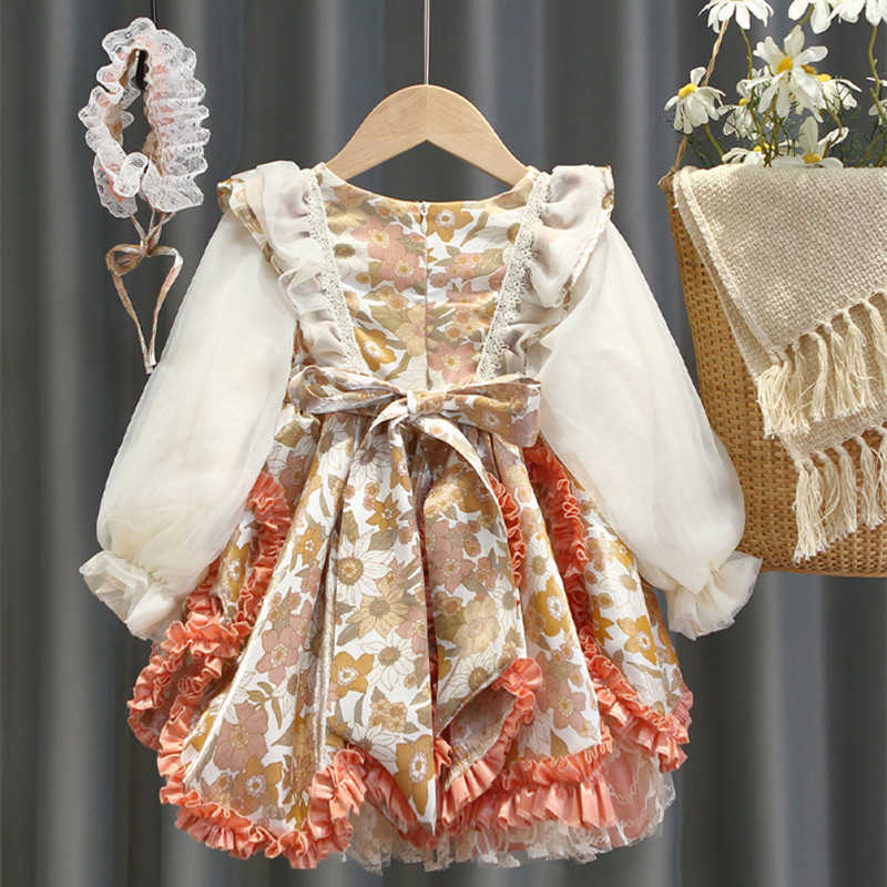 Vinage Kids Girls Spanish Lotia Dresses with Headwear Children Long Sleeve Spain Tulle Ball Gowns Cotton Liner Clothes 210615