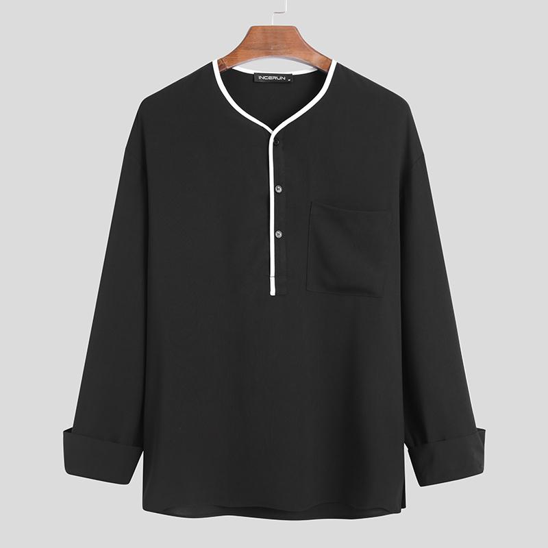 Male Buttons Chemise Mens Leisure Patchwork Shirts Korean Style Long Sleeve V Neck Camisa Hombre Pockets Blusas S-5XL 7 Men's Casual