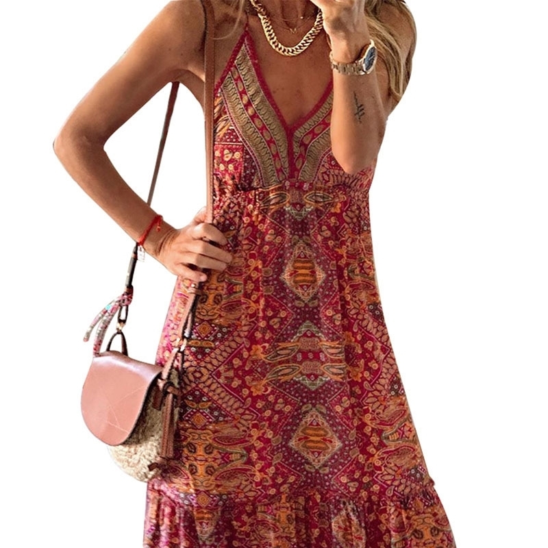 Women Dress Boho Vintage Sundress Maxi Floral Print Midi Sleeveless Deep V-Neck Loose High Waist Summer Beach Clothes 210522