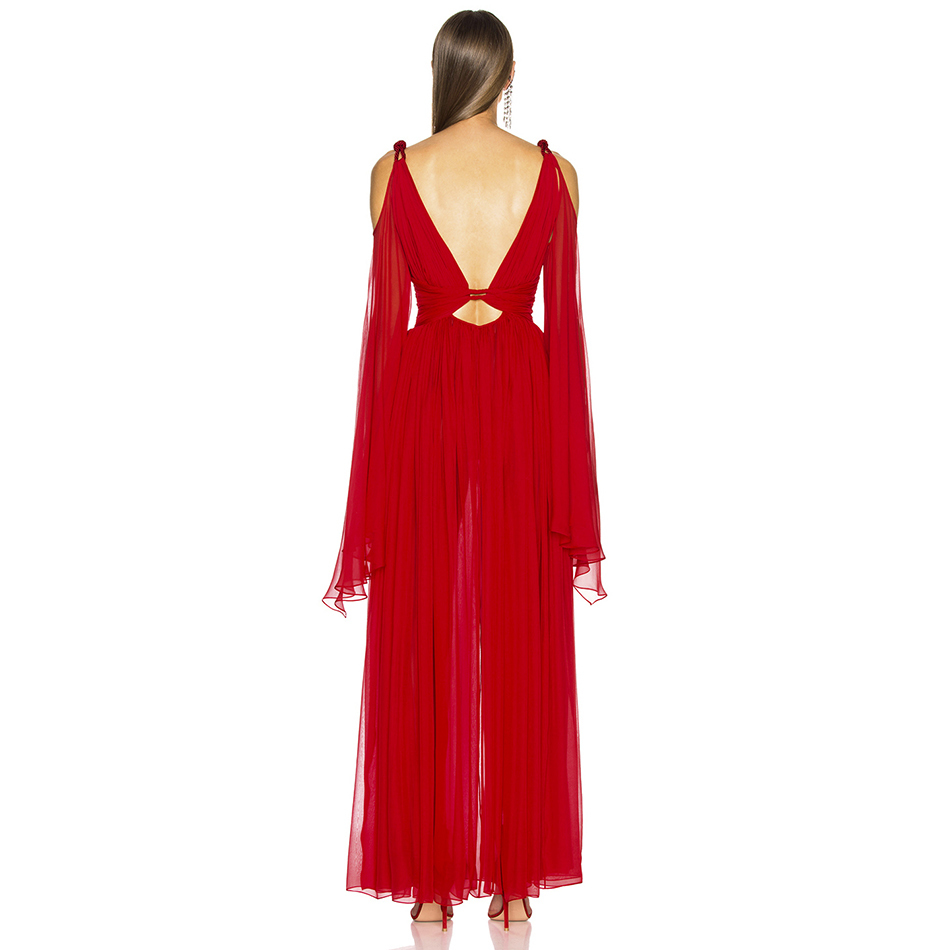 Free Autumn Women's Mesh Dress Red Long Sexy V-neck Sleeve Halter High Waist Party Dresses Vestidos 210524