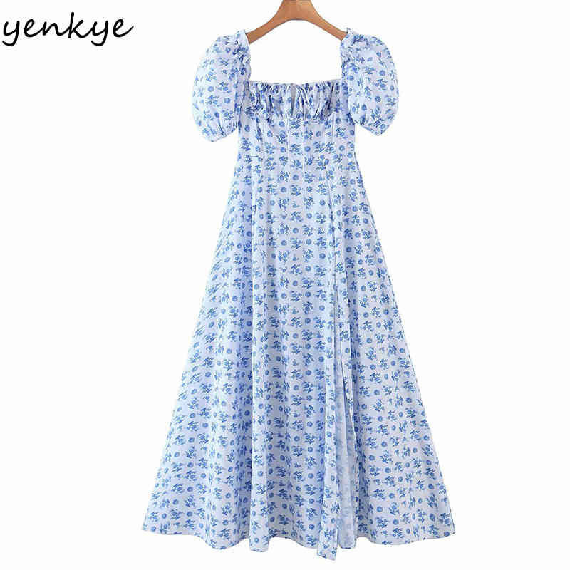 Blue Floral Print Elegant Long Maxi Dress Women Square Neck Short Sleeve Sexy Slits A-line Summer Robe Longue 210430