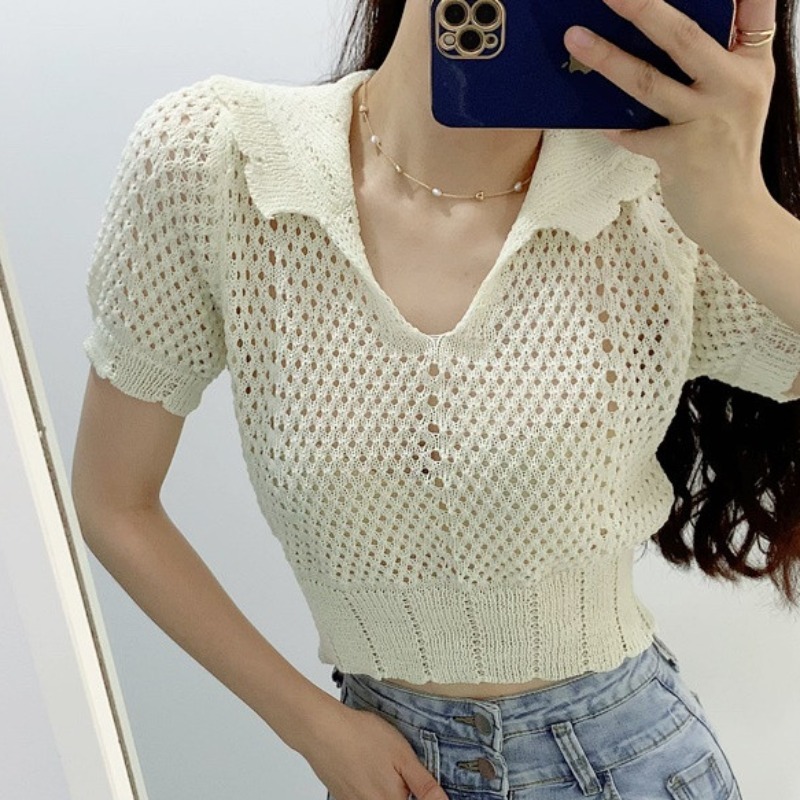 Thin Hollow T Shirts Women Sexy Summer Crop Tops Girls Slim T-shirt Korean Elegant Streetwear Aesthetic Y2k Top 210519
