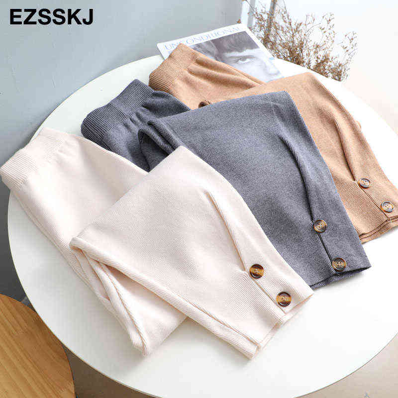 Women Elastic Waist BUTTON Trousers Thick Knitted Harem Pants Autumn Winter Sport pants sweater Carrot 211124