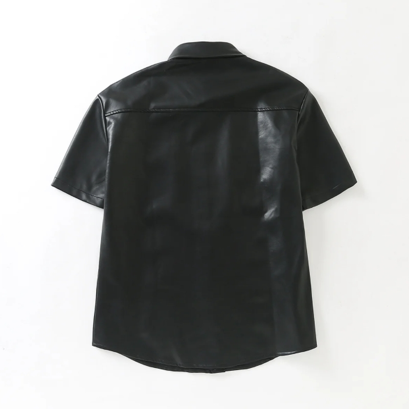Women Patch Pocket Black PU Leather Shirt Female Short Sleeve Blouse Fashion Lady Loose Tops Blusas S8779 210430