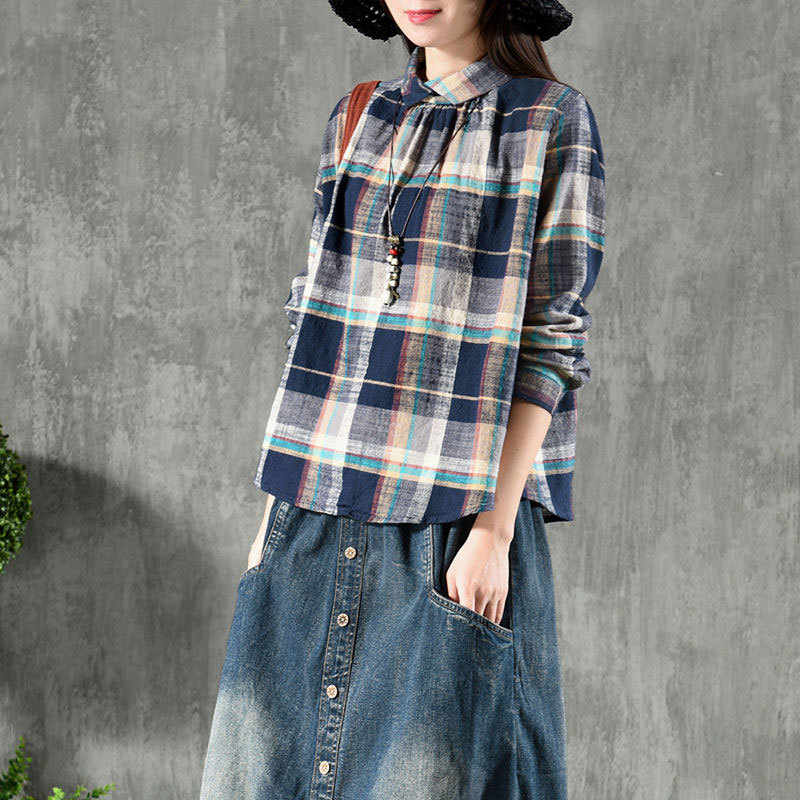 Autumn Fashion Women Shirt Plus Size Long Sleeve Peter Pan Collar Shirts Casual Plaid Blouses Vintage Cotton Ladies Tops D95 210512