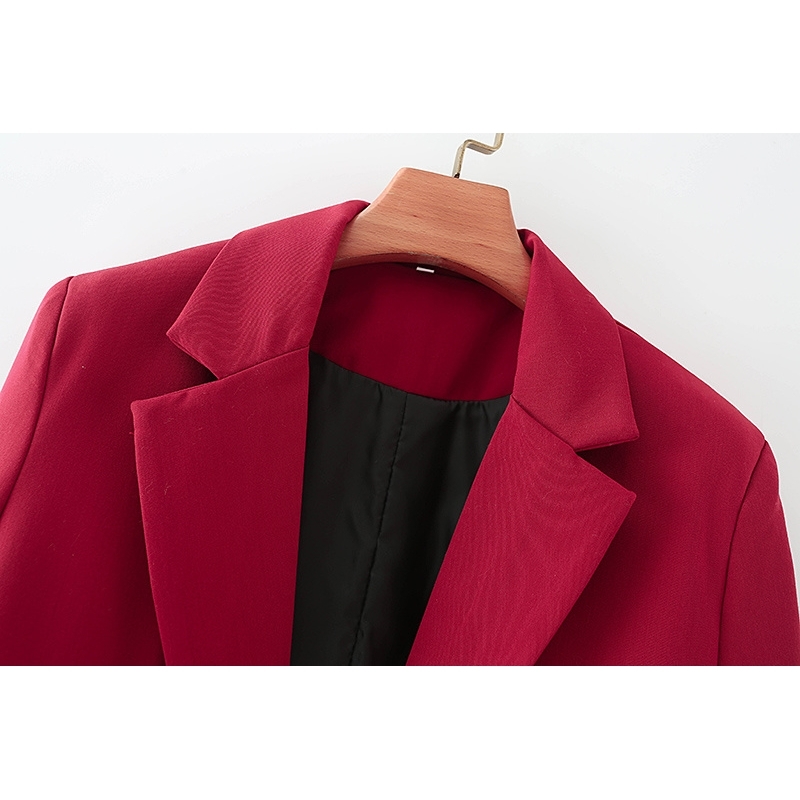 Elegant Women Chic Solid Red Blazer Fashion Ladies Pocket Jacket Streetwear Female Causal Notched Collar Cardigan 210527