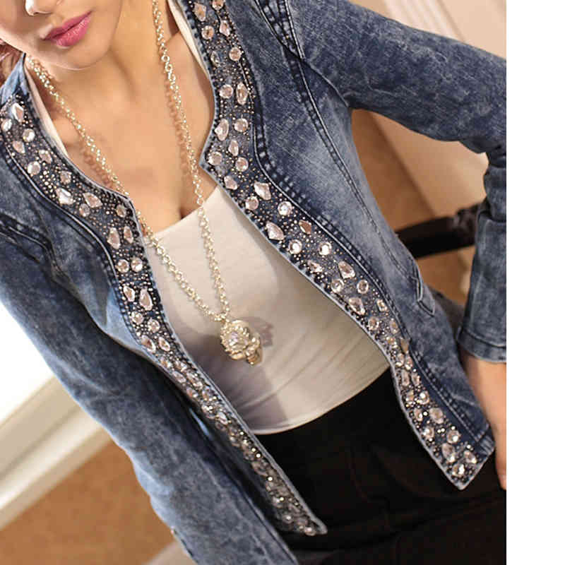Arrival Spring Antumn Denim Jackets Vintage Diamonds Casual Coat Women's Jacket For Outerwear Jeans 210428