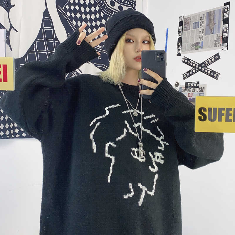 Woherb Vintage Turtleneck Pullover Sweaters for Women Harajuku Streetwear Autumn Winter Loose Cartoon Knitted Tops Jumpers 211018