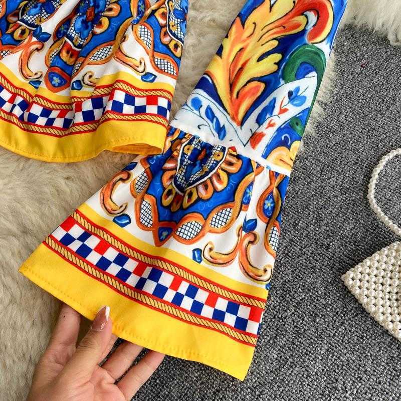 Print Runway Fashion Elegant Vintage Pant Suit Ruffle Blouse Shirt Top And Long Pants Two Piece Set Women Sets Women's