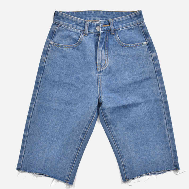 Lucyever Womens Casual Five Points Short Pants Summer Loose Straight Tassel Denim Shorts Woman Blue High Waist Shorts Jeans 210521