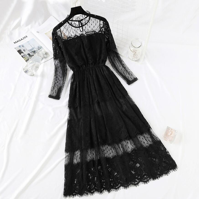 Black White Lace Dress Party Women Elegant Cake Lotus Leaf Collar Midi Fairy Mesh Dresses Elastic Waist Spring Summer Vestidos 210521