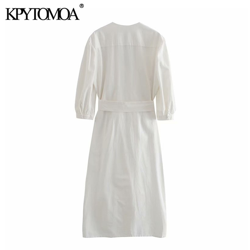 Women Chic Fashion With Belt Button-up Midi Dress V Neck Three Quarter Sleeves Female Dresses Vestidos 210420