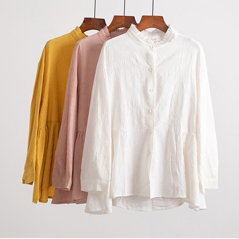 Spring Korea Fashion Women Long Sleeve Loose Yellow Shirts 100% Cotton Blusas Mujer all-matched Casual Blouses Plus Size S693 210512