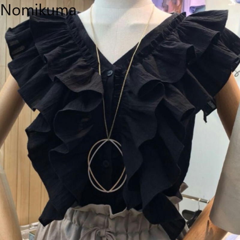 Nomikuma Women Shirts Blouses Korean Layered-ruffle Sweet Sleeveless V-neck Tops Causal Single Breasted New Blusas 6G083 210427