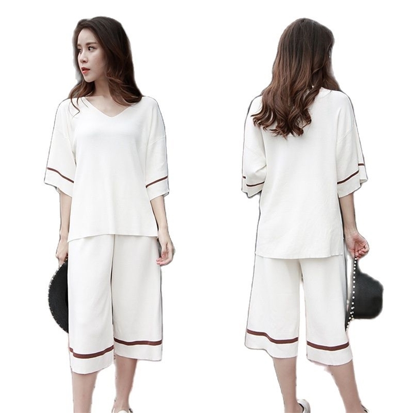 Fashion women' suit summer ice silk V-neck sweater top + seven-point wide-leg pants leisure home two-piece 210520, White
Fashion women' suit summer ice silk V-neck sweater top + seven-point wide-leg pants leisure home two-piece 210520, White