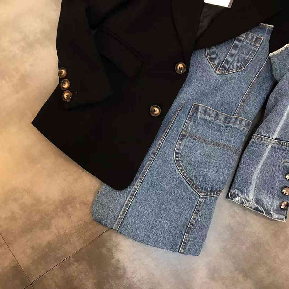 Free Women Vintage Fashion Blazer Denim Patchwork Jackets Irregular Coat Long Sleeve Loose Korean Outerwear 210524