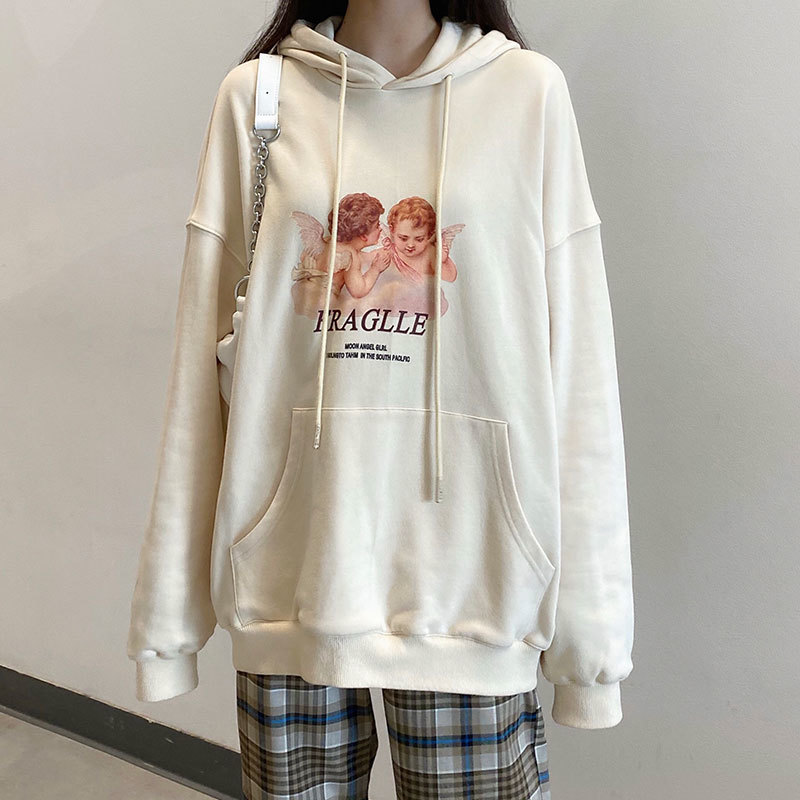 3colors autumn and winter Korean style Cartoon pattern print loose hoodies womens sweatshirts (X1607) 210423