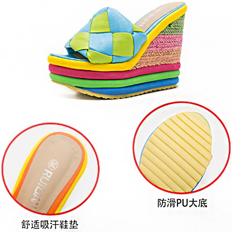 Sandals 2021 Summer Platform Wedge For Women's With Lovely Ainbow Color Weave Fish Mouth High Heels Shoes