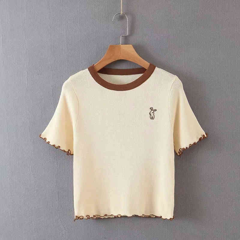 Spring-Summer Casual Knitted Four Color Short T-shirt Women Rabbit Embroidery Sleeve Knit Shirt Female Solid Tee 210421