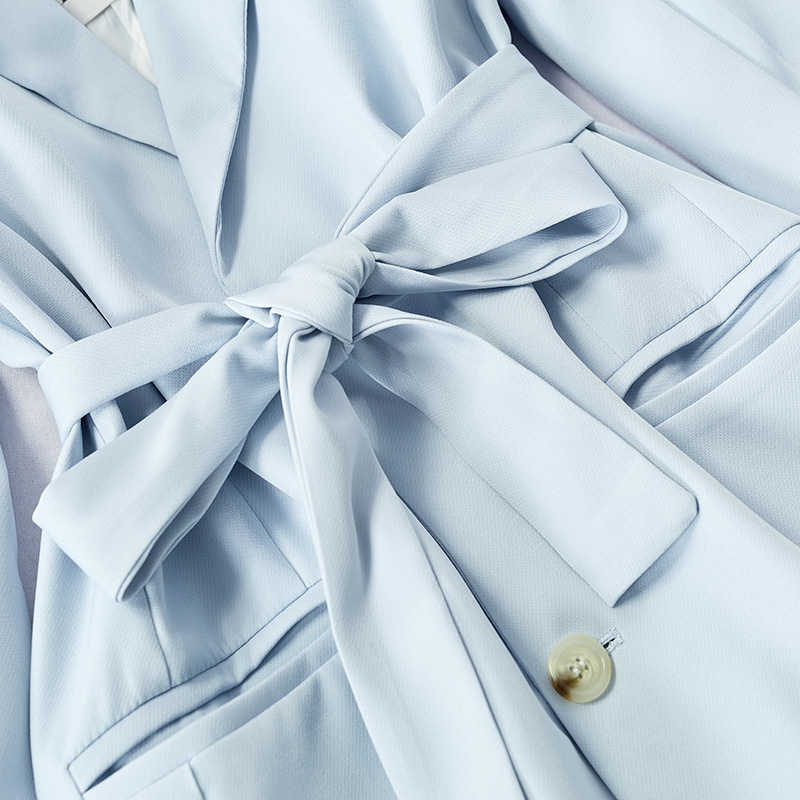 LY VAREY LIN Autumn Winter Women Suit Jackets Tailored Collar Sashes Tie Up Pockets Single Breasted Blue Slim Outerwear 210526