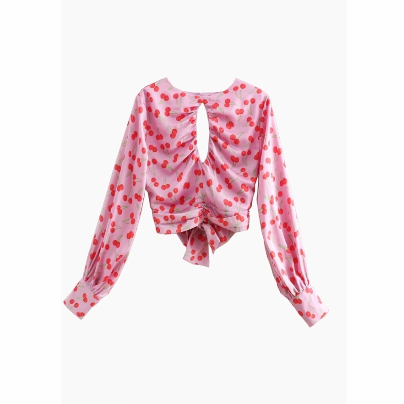 Summer Women Cherry Print Hollow Decoration Short Blouse Female Long Sleeve Shirt Casual Lady Crop Tops Blusas S8755 210430