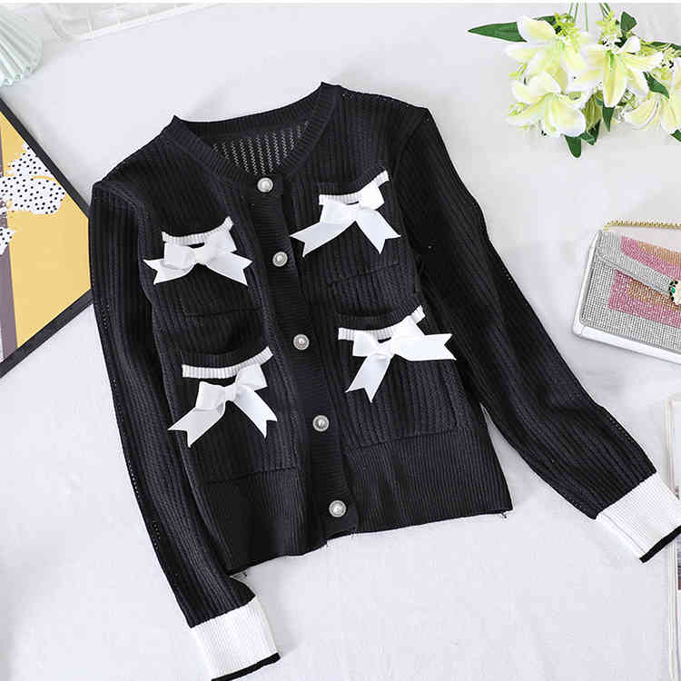 Fashion Elegant Summer Korean Sweater Knitted Cardigan Women's Short Bow Pocket Jacket 210506