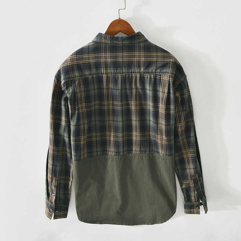 Spring Summer Men Patch Work Plaid Shirt Pure Cotton Long Sleeve Button Up Vintage Green Fashion Trend GML04-Z136 210809 Free shippin