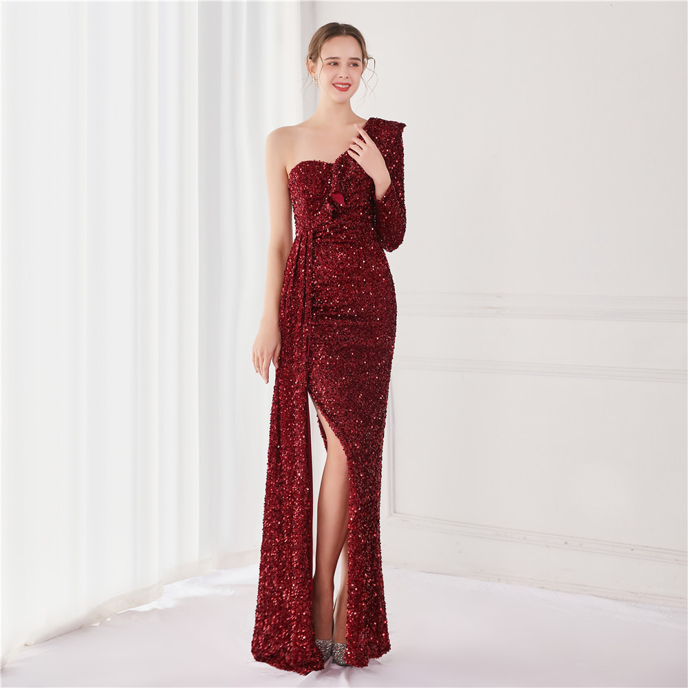 Sexy Evening Dresses One-Shoulder Sequins Race Ruffle Women Formal Stunning Floor Length Prom Dress Robe De Mariée Custom Made