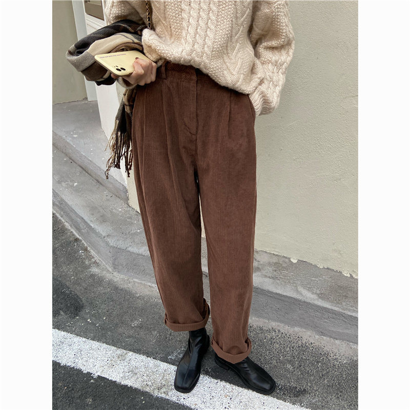 Sportswear Corduroy Retro Loose-fitting Harem Pants OL Elegant Women Solid Plus Thick Casual Female Trousers 210421