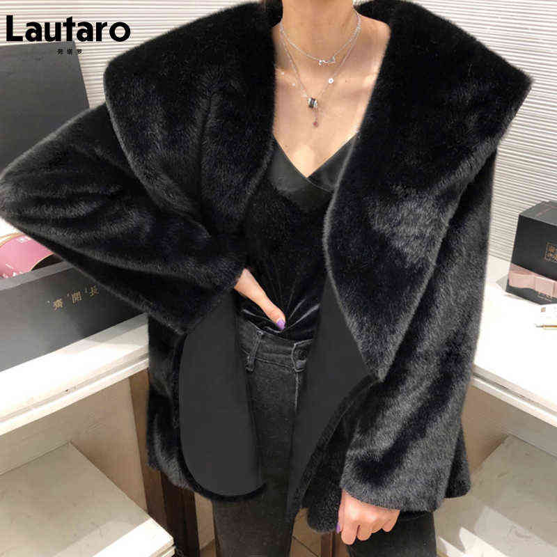 Lautaro Winter Black Warm Oversized Faux Fur Cardigan Women Drop Shoulder Long Sleeve Sashes Loose Stylish Korean Fashion 211123