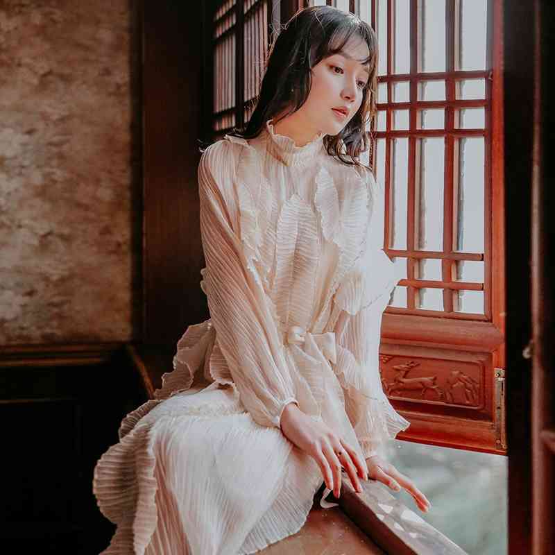 High-End Runway Dresses Women Spring /Fall Elegant Full Sleeve White Pleated Ruffle Maxi Long Vestidos 210520