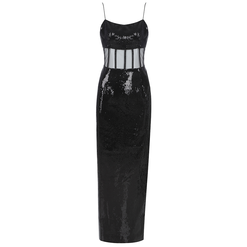 Free Black Sequined Long Dress Women Spaghetti Sleeveless Backless Sexy Bodycon Club Party Vestido 210524