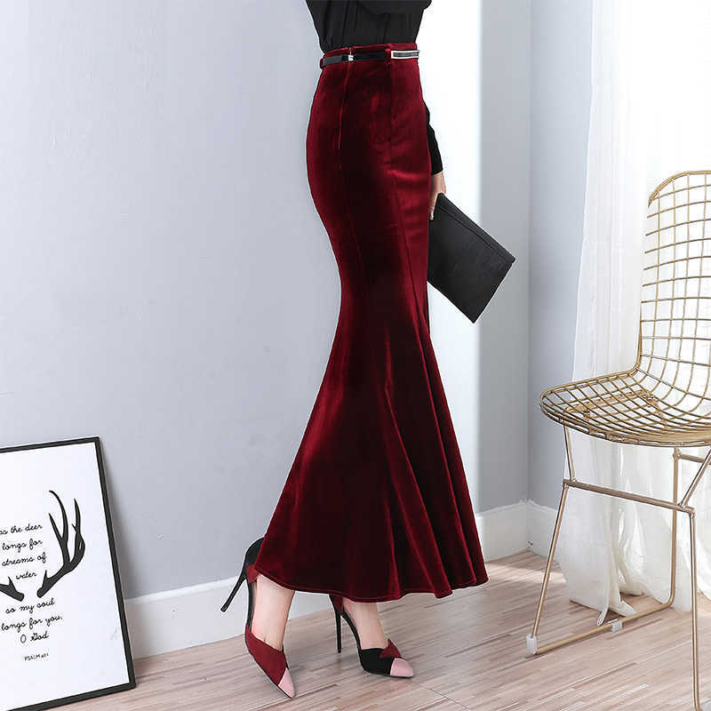 plus size 5XL! Autumn Vintage Velvet Black Maxi Long Mermaid Skirt Fashion Women Elegant Velour Skirts With Belt 210619