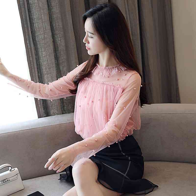 Lace Sexy Women Blouses Shirts Autumn Long Sleeve Blouse Bead Fashion Chiffon Elegant Tops Sweet Female Blusas 0863 30 210506