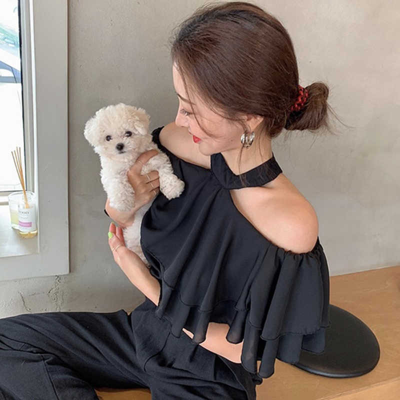 Korejpaa Women Shirt Summer Korean Chic Lady Feminine Halter-Neck Slack Shoulder Double-Layer Ruffled Flying Sleeve Blouse 210526