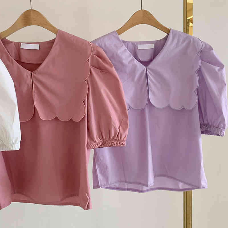 Korean Sweet Peter Pan Collar Woman Shirts Summer Puff Short Sleeve Women Blouse Tops Casual Clothes Blusas 13848 210508
